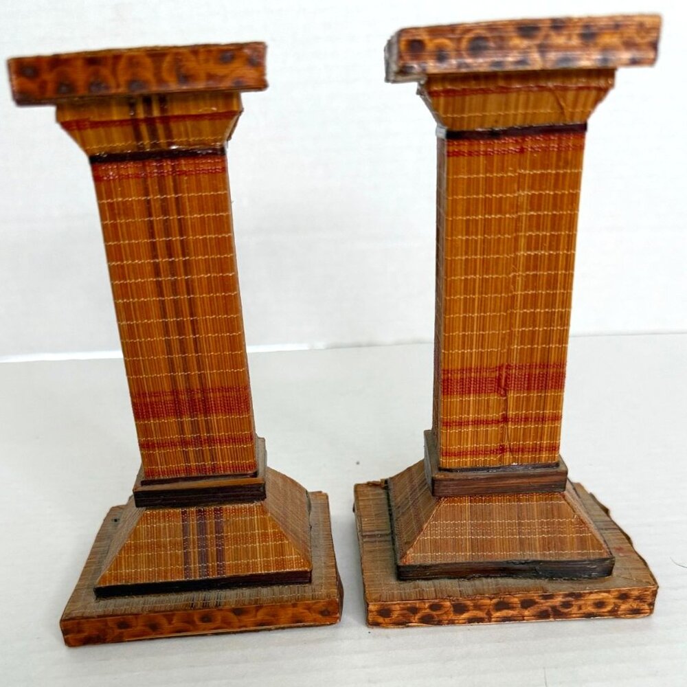 Vintage Handcrafted MCM Wooden Pencil Bamboo Candle Holders 5" Tall Square Base